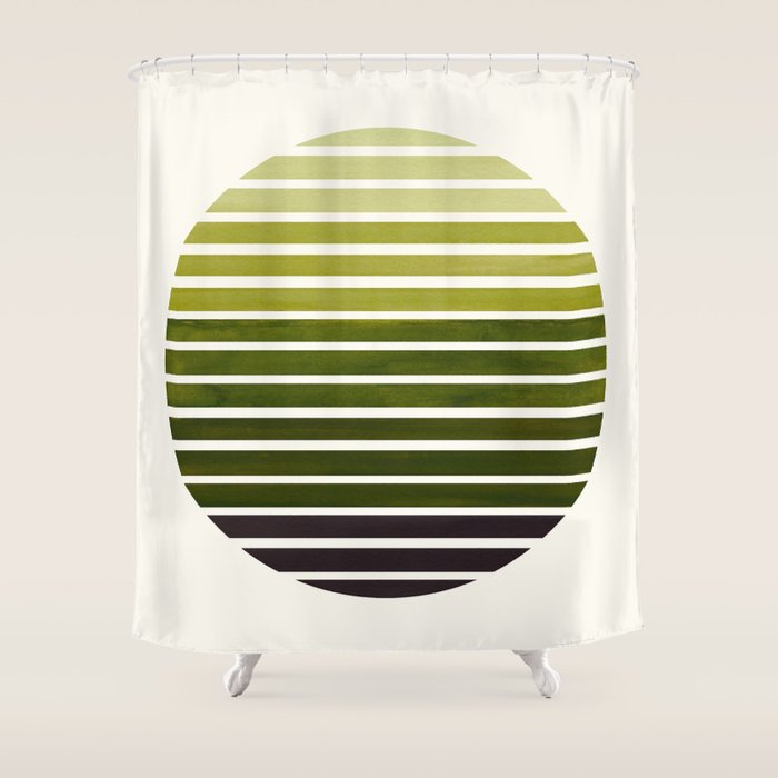 Olive Green Mid Century Modern Minimalist Scandinavian Colorful Stripes Geometric Pattern Round Circ Shower Curtain Gallery Image 1