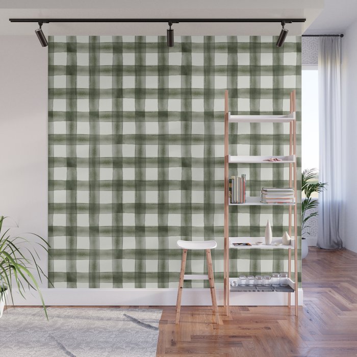 watercolor plaid - dark green Wall Mural Gallery Image 1