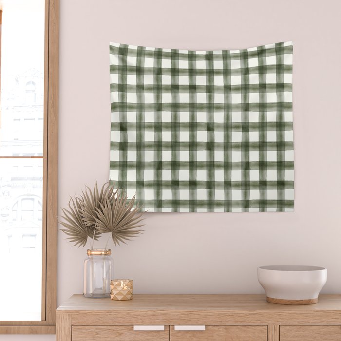 watercolor plaid - dark green Wall Tapestry Gallery Image 2