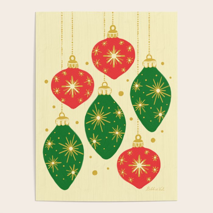 Vintage Christmas Ornaments Baubles Red Green Poster Gallery Image 2