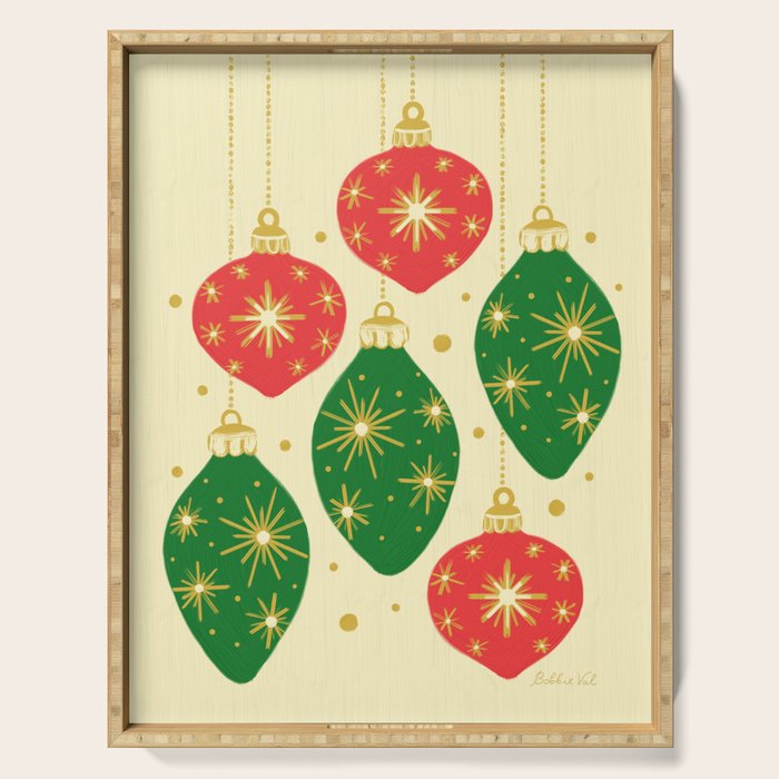 Vintage Christmas Ornaments Baubles Red Green Serving Tray Gallery Image 1