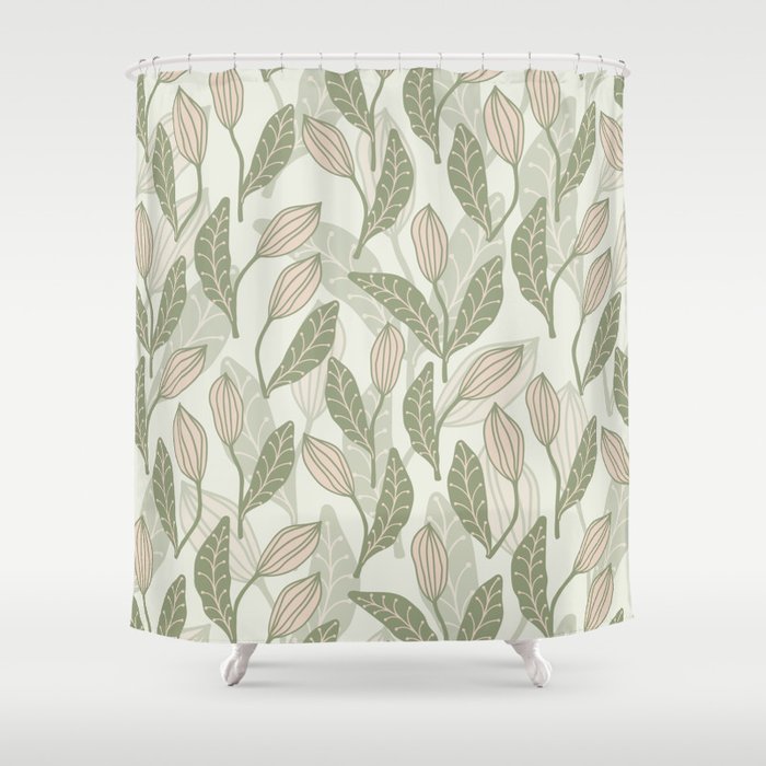Abstract Organic Flowers in Sage Green, Blush Pink and Cream Shower Curtain
