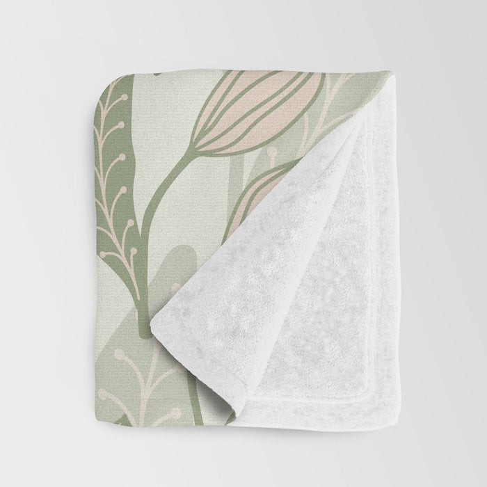 Abstract Organic Flowers in Sage Green, Blush Pink and Cream Throw Blanket Gallery Image 3