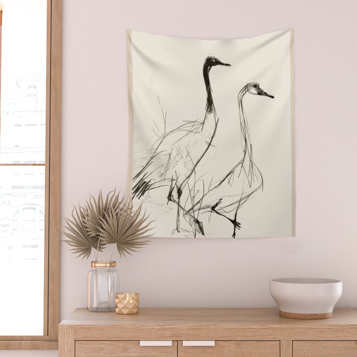 Two Geese - Minimalist Drawing Wall Tapestry Gallery Image 2