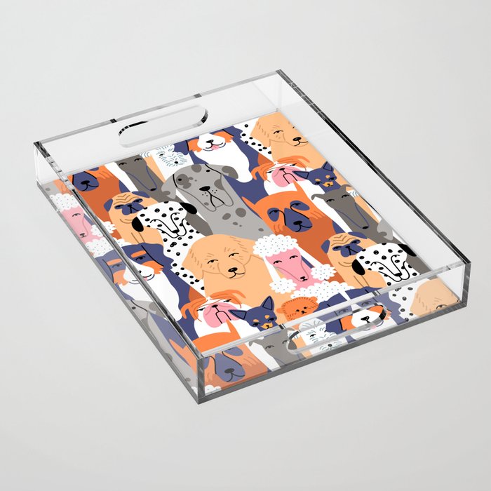 Funny diverse dog crowd character cartoon background Acrylic Tray Gallery Image 1