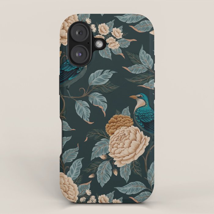 Spring Song - Dark Teal Birds and Floral Print iPhone Case Gallery Image 1