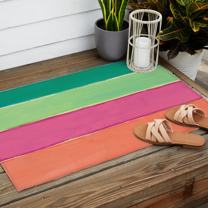 Peacock and Magenta Stripe Art Outdoor Rug Gallery Image 2