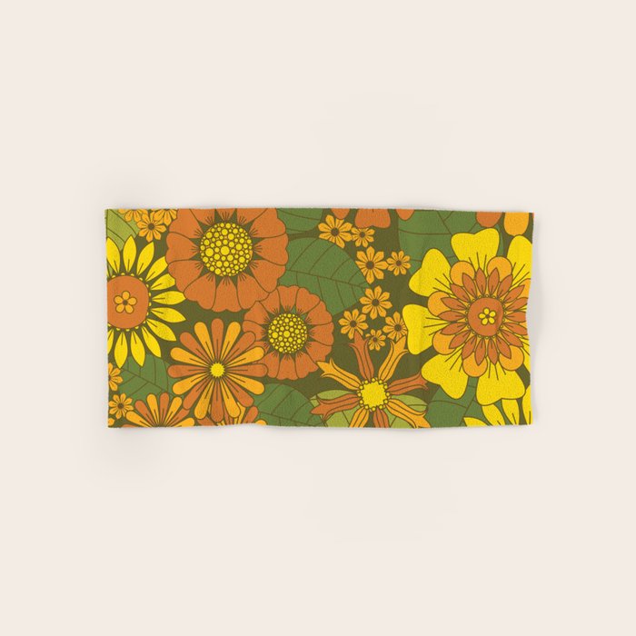Orange, Brown, Yellow and Green Retro Daisy Pattern Bath Towel Gallery Image 1