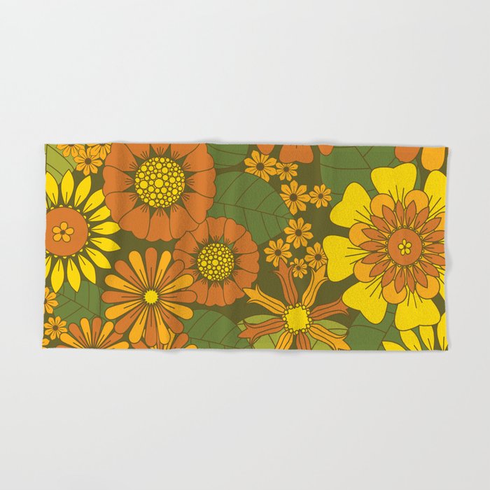 Orange, Brown, Yellow and Green Retro Daisy Pattern Bath Towel