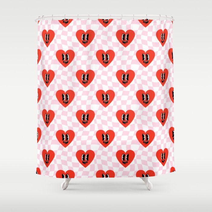 Retro checkered love heart cartoon pattern Shower Curtain Gallery Image 1