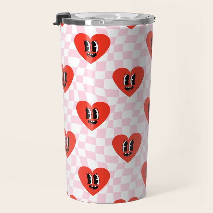 Retro checkered love heart cartoon pattern Travel Mug Gallery Image 3