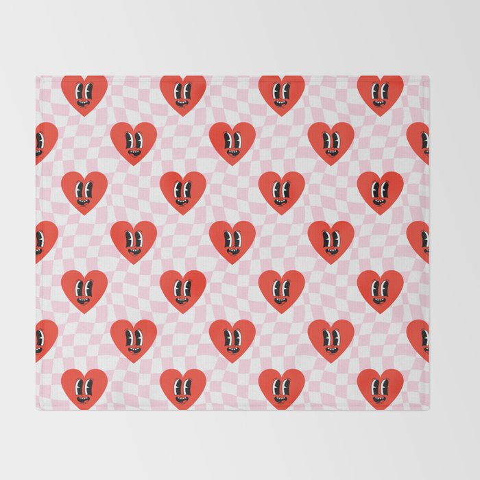 Retro checkered love heart cartoon pattern Throw Blanket Gallery Image 2