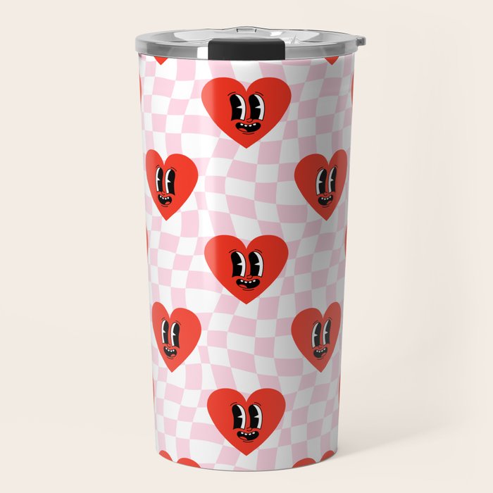 Retro checkered love heart cartoon pattern Travel Mug Gallery Image 1