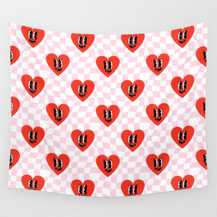 Retro checkered love heart cartoon pattern Wall Tapestry Gallery Image 4