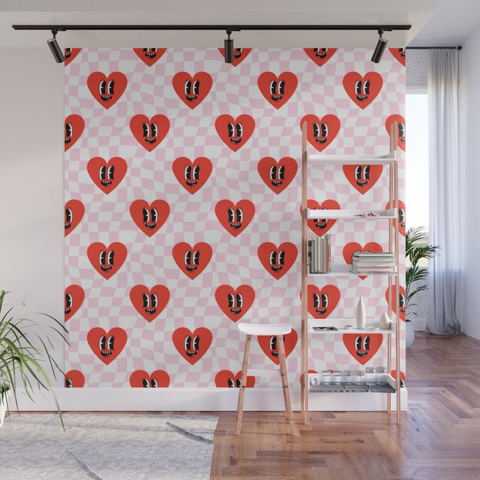 Retro checkered love heart cartoon pattern Wall Mural Gallery Image 1