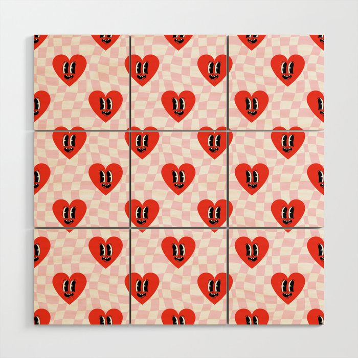 Retro checkered love heart cartoon pattern Wood Wall Art Gallery Image 1