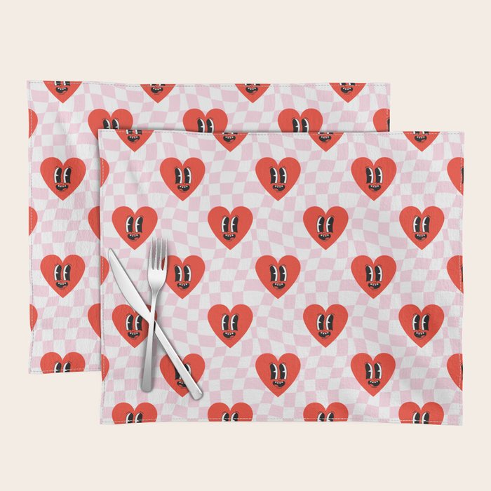Retro checkered love heart cartoon pattern Placemat Gallery Image 1