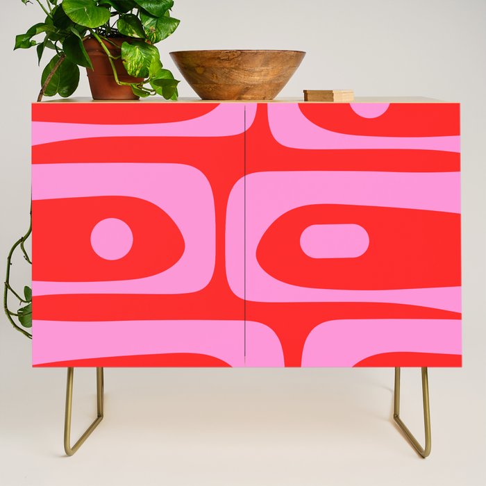 Vibrant Retro Abstract Piquet Pattern in Preppy Pink and Red Credenza Gallery Image 1