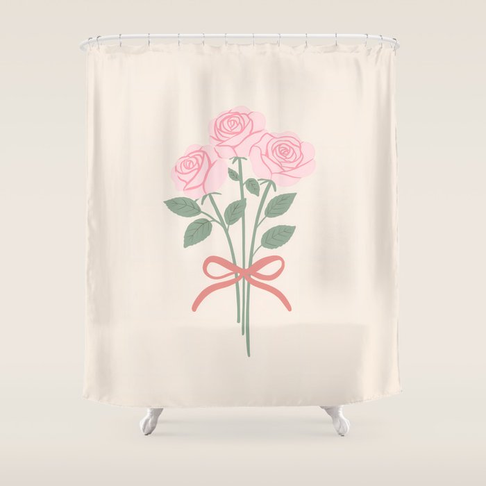 Vintage Pink Rose Bouquets with Ribbon Bows on Cream Shower Curtain Gallery Image 1