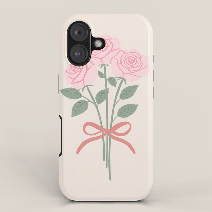 Vintage Pink Rose Bouquets with Ribbon Bows on Cream iPhone Case Gallery Image 1