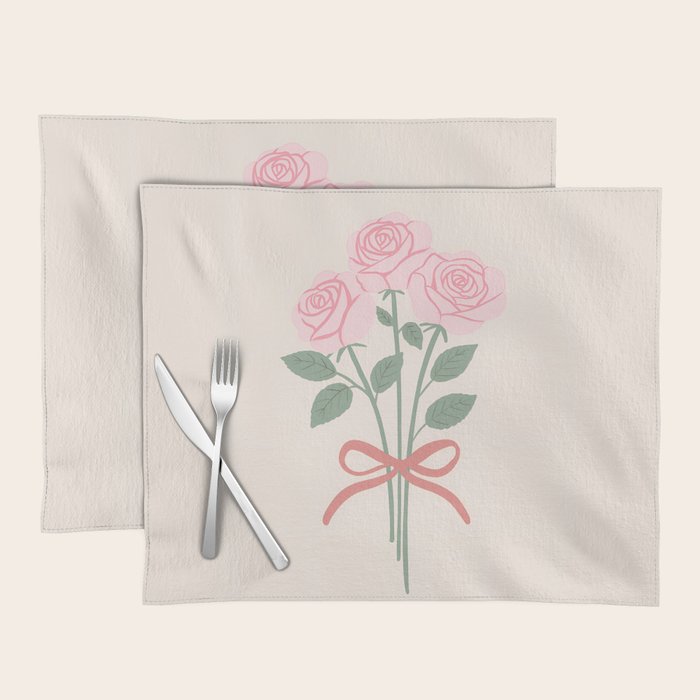 Vintage Pink Rose Bouquets with Ribbon Bows on Cream Placemat Gallery Image 1