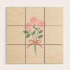 Vintage Pink Rose Bouquets with Ribbon Bows on Cream Wood Wall Art Gallery Image 1
