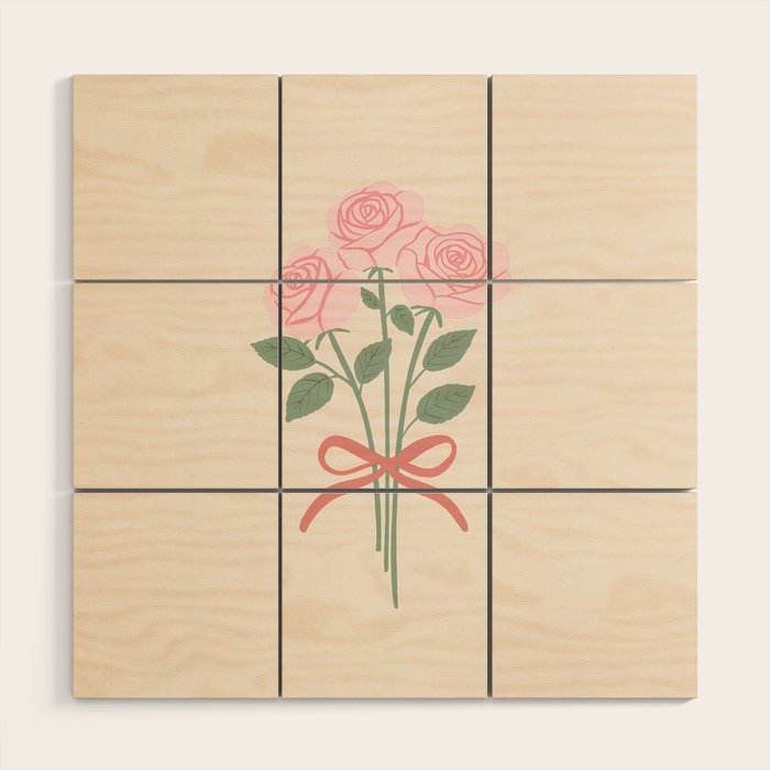 Vintage Pink Rose Bouquets with Ribbon Bows on Cream Wood Wall Art Gallery Image 1