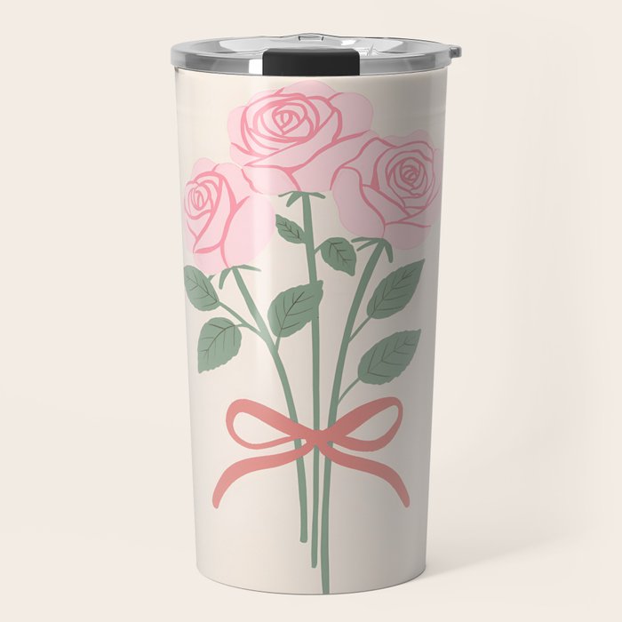 Vintage Pink Rose Bouquets with Ribbon Bows on Cream Travel Mug Gallery Image 1