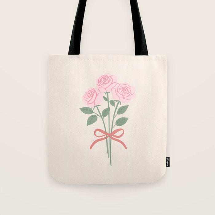Vintage Pink Rose Bouquets with Ribbon Bows on Cream Tote Bag Gallery Image 1