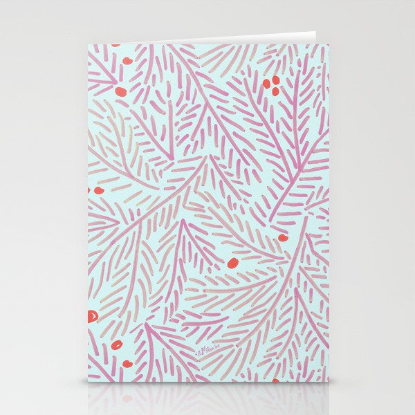 Winter Berries & Pine Branches in Teal & Pink Stationery Card Gallery Image 1