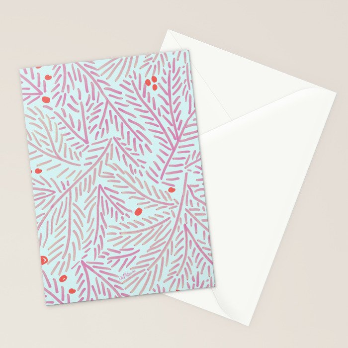 Winter Berries & Pine Branches in Teal & Pink Stationery Card Gallery Image 2