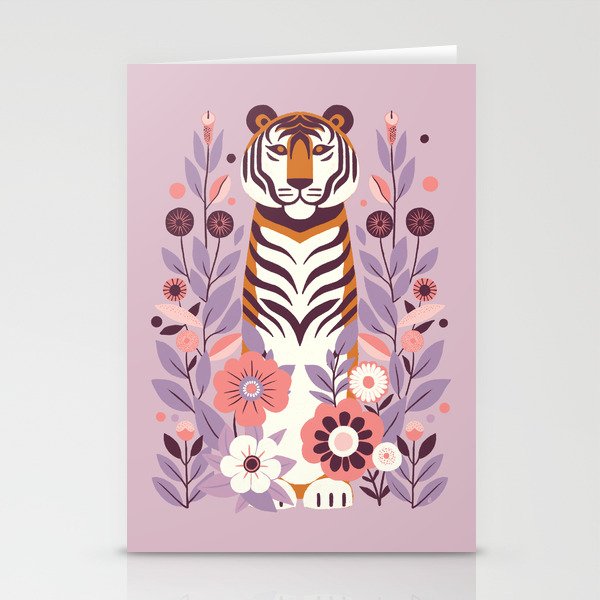 Serene Tiger in Blooming Garden - Pastel Floral Illustration Stationery Card Gallery Image 2