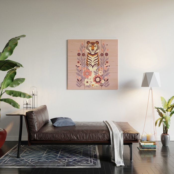 Serene Tiger in Blooming Garden - Pastel Floral Illustration Wood Wall Art Gallery Image 2