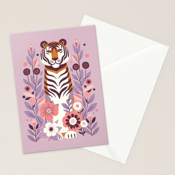 Serene Tiger in Blooming Garden - Pastel Floral Illustration Stationery Card Gallery Image 2