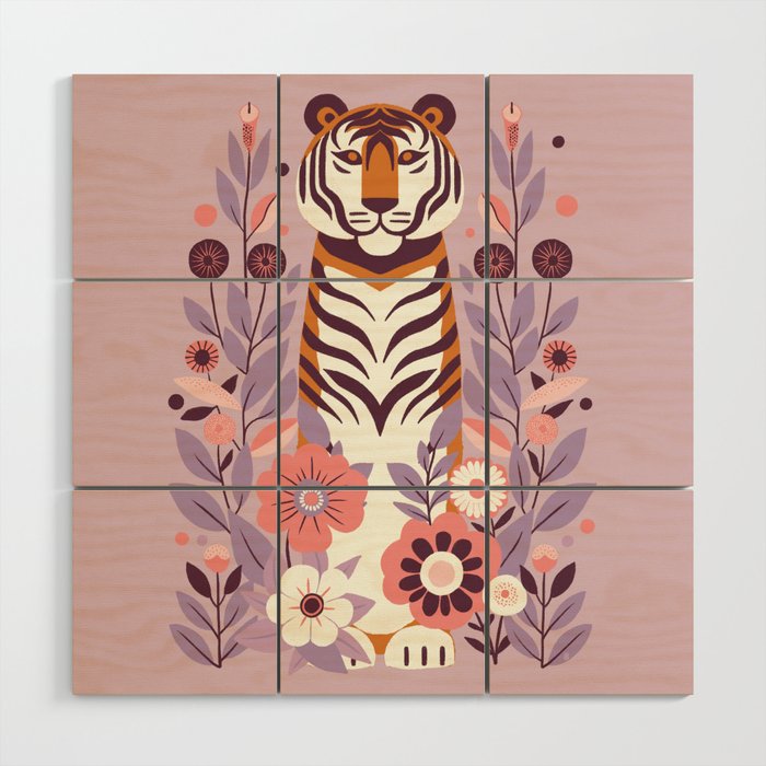 Serene Tiger in Blooming Garden - Pastel Floral Illustration Wood Wall Art Gallery Image 1