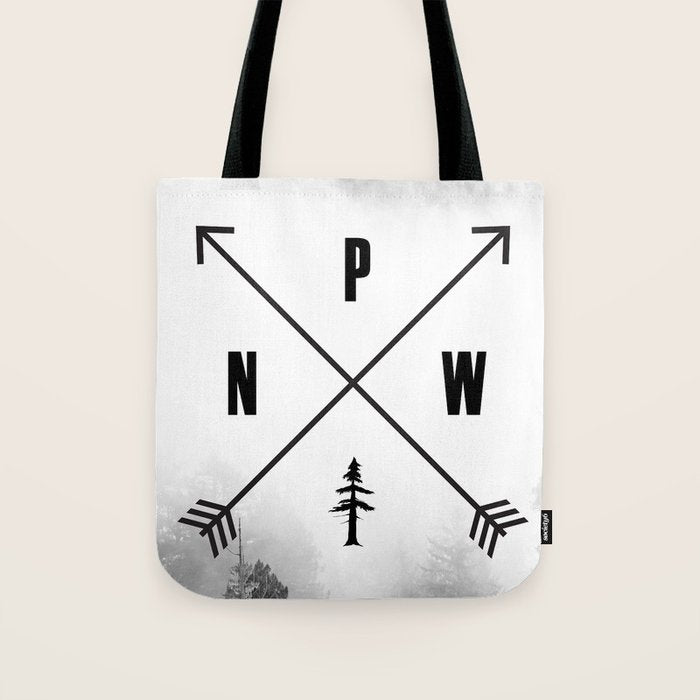 PNW Pacific Northwest Compass - Black and White Forest Tote Bag Gallery Image 1