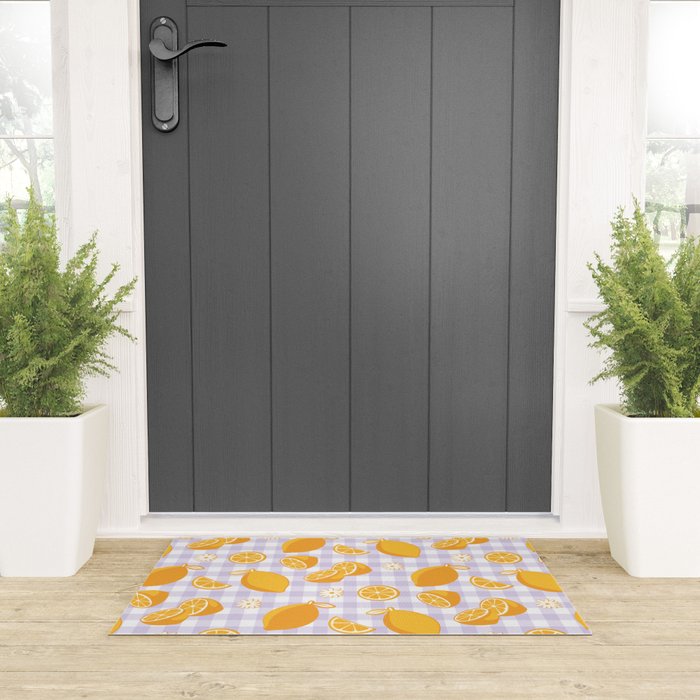 Lemons on Lilac Purple Gingham Welcome Mat Gallery Image 3