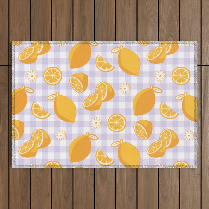 Lemons on Lilac Purple Gingham Outdoor Rug Gallery Image 1
