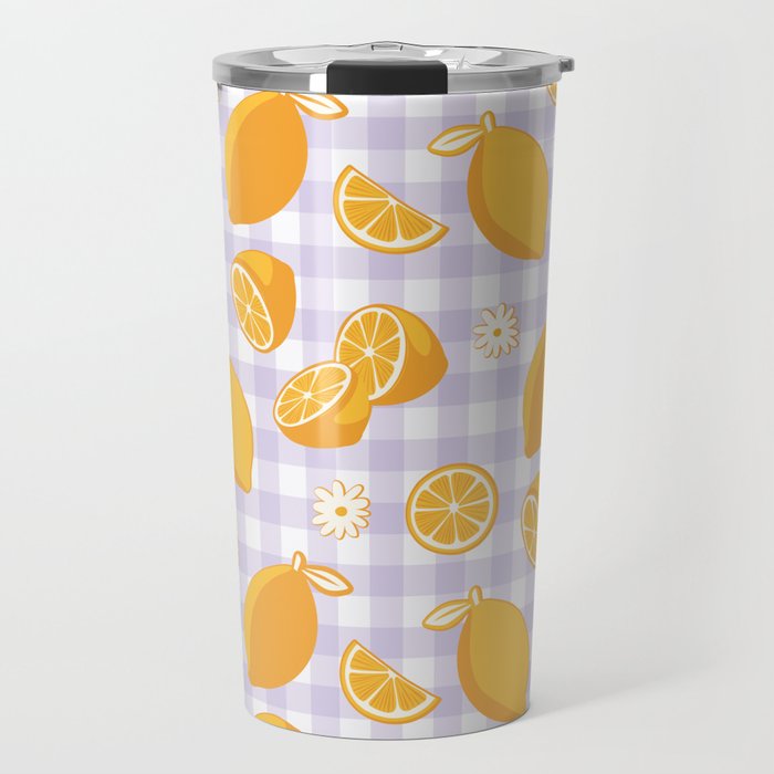 Lemons on Lilac Purple Gingham Travel Mug Gallery Image 1