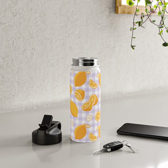 Lemons on Lilac Purple Gingham Water Bottle Gallery Image 4