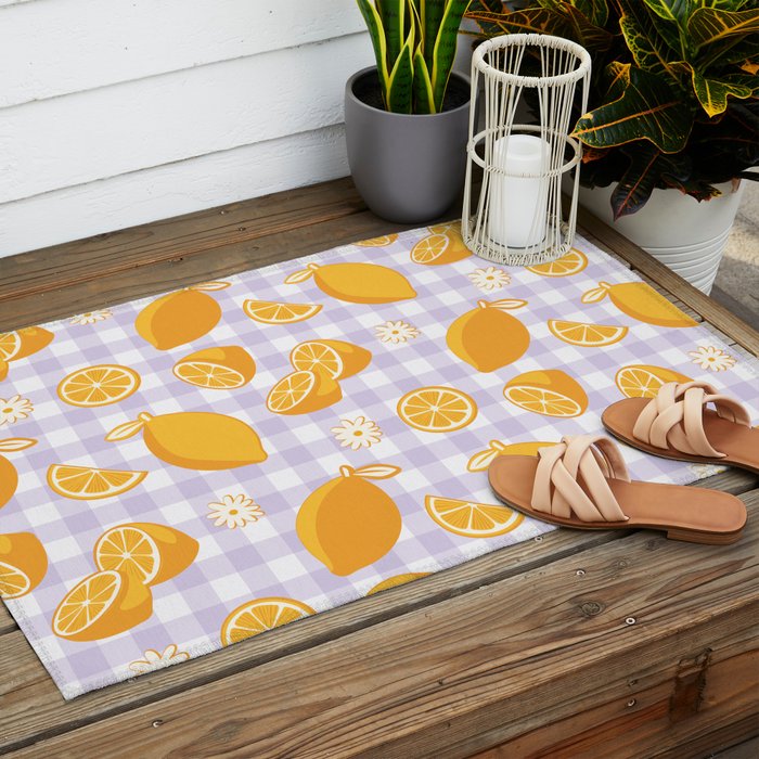 Lemons on Lilac Purple Gingham Outdoor Rug Gallery Image 2