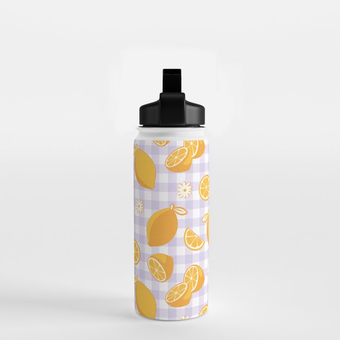 Lemons on Lilac Purple Gingham Water Bottle Gallery Image 2