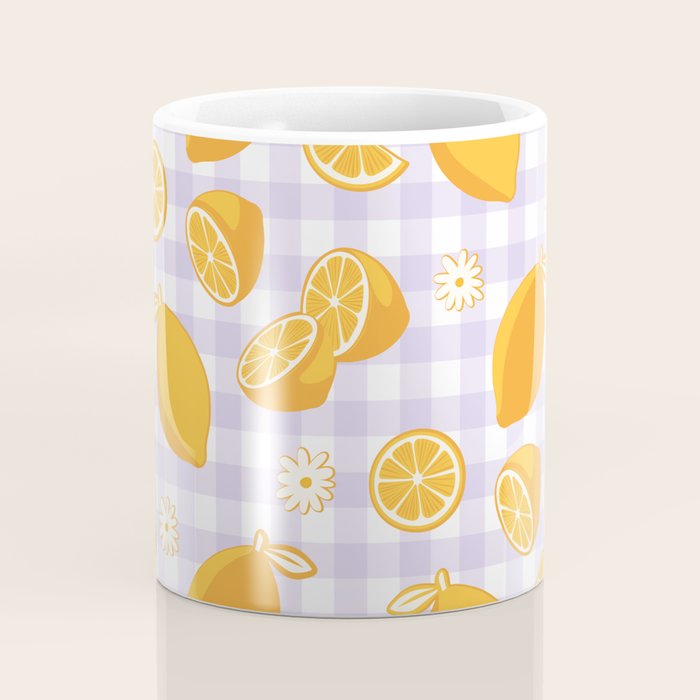 Lemons on Lilac Purple Gingham Coffee Mug Gallery Image 4