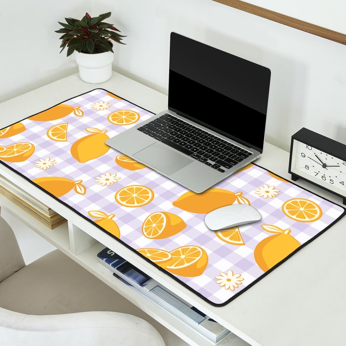 Lemons on Lilac Purple Gingham Desk Mat Gallery Image 2
