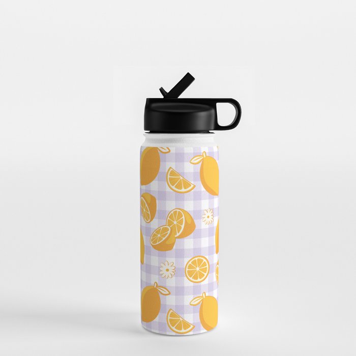 Lemons on Lilac Purple Gingham Water Bottle Gallery Image 1