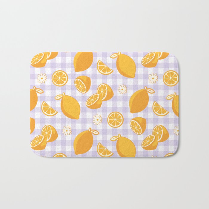 Lemons on Lilac Purple Gingham Bath Mat Gallery Image 1