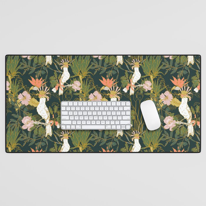 Drawing of exotic birds in the dark jungle Desk Mat Gallery Image 1