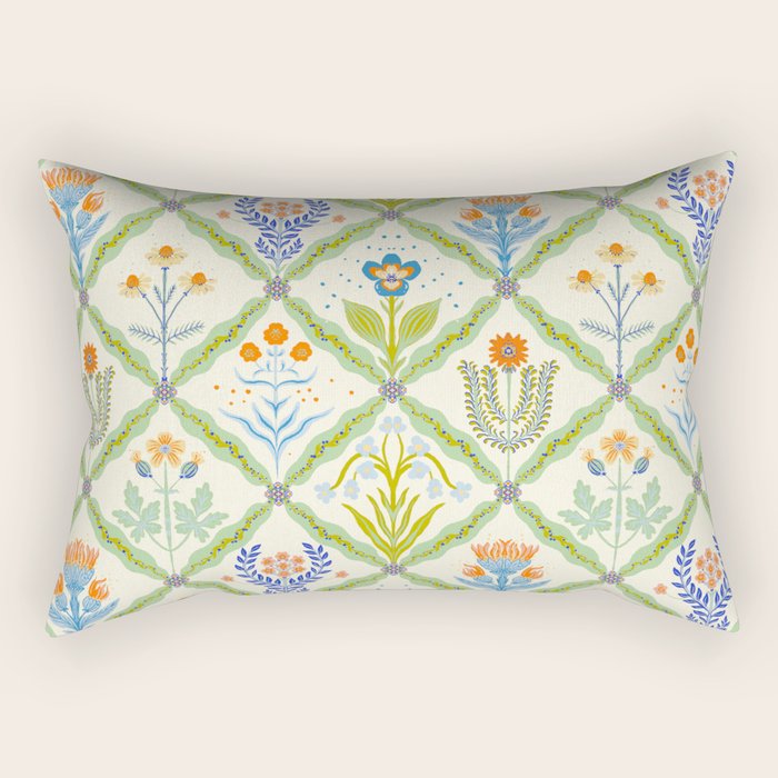 Vintage Botanical Floral Tile Pattern Rectangular Pillow Gallery Image 2