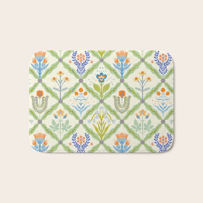 Vintage Botanical Floral Tile Pattern Bath Mat Gallery Image 1