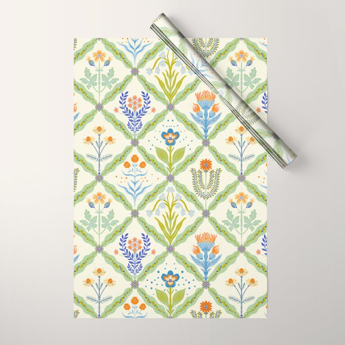 Vintage Botanical Floral Tile Pattern Wrapping Paper Gallery Image 1